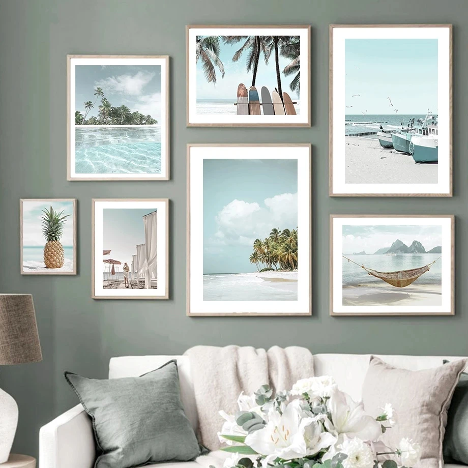Blue Beach Scenery Picture Canvas Painting Wall Art Coconut Tree Landscape Poster and Print Modern Home Decor Living Room Design