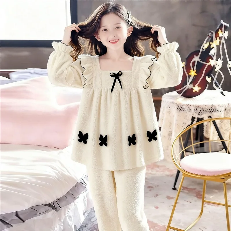 

Kids Winter Plush Fleece Pajama Sets Warm Thickened Girls' Outwear Homewear Cozy Princess Design for Ages 6-12