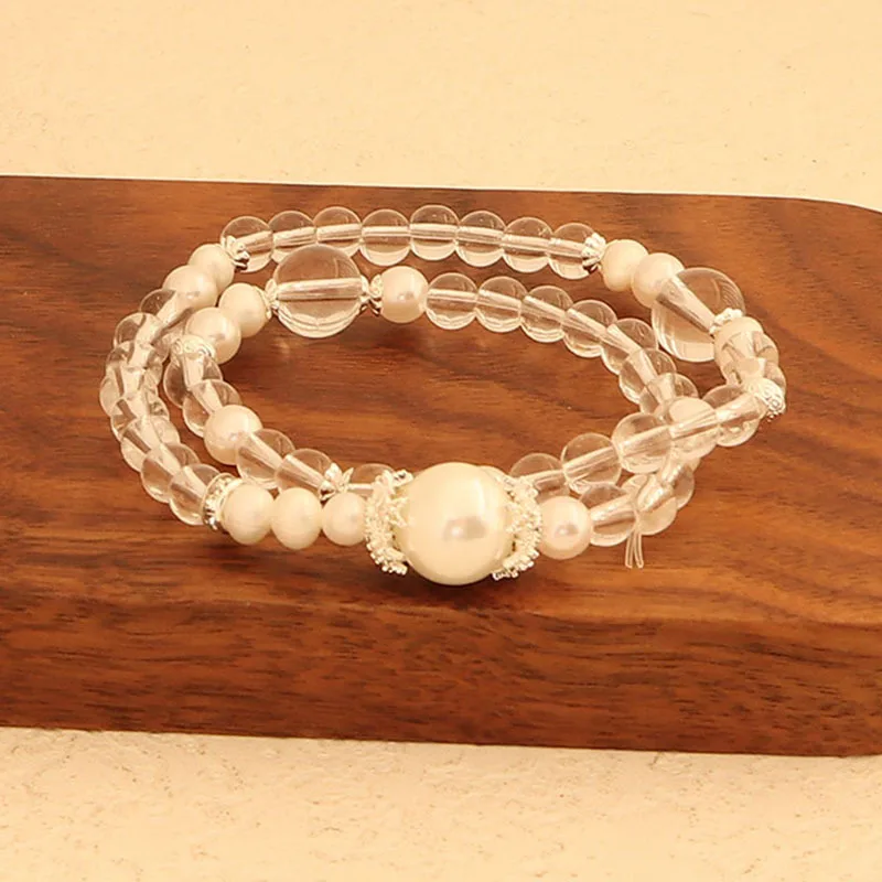 

Minar Charming White Crystal Natural Stone Simulated Pearl Beaded Double Layered Strand Bracelets for Women Anniversary Gift