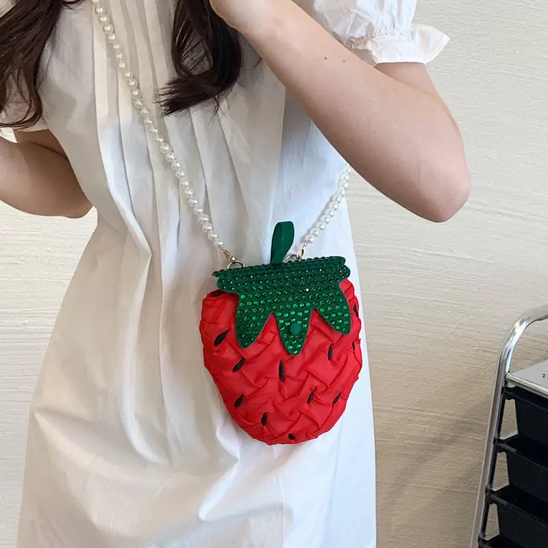 Aprxu New 2022 Sweet Strawberry Bag Stylish Cute Fairy Cloth Bag Pearl Chain One-shoulder Bag for Women