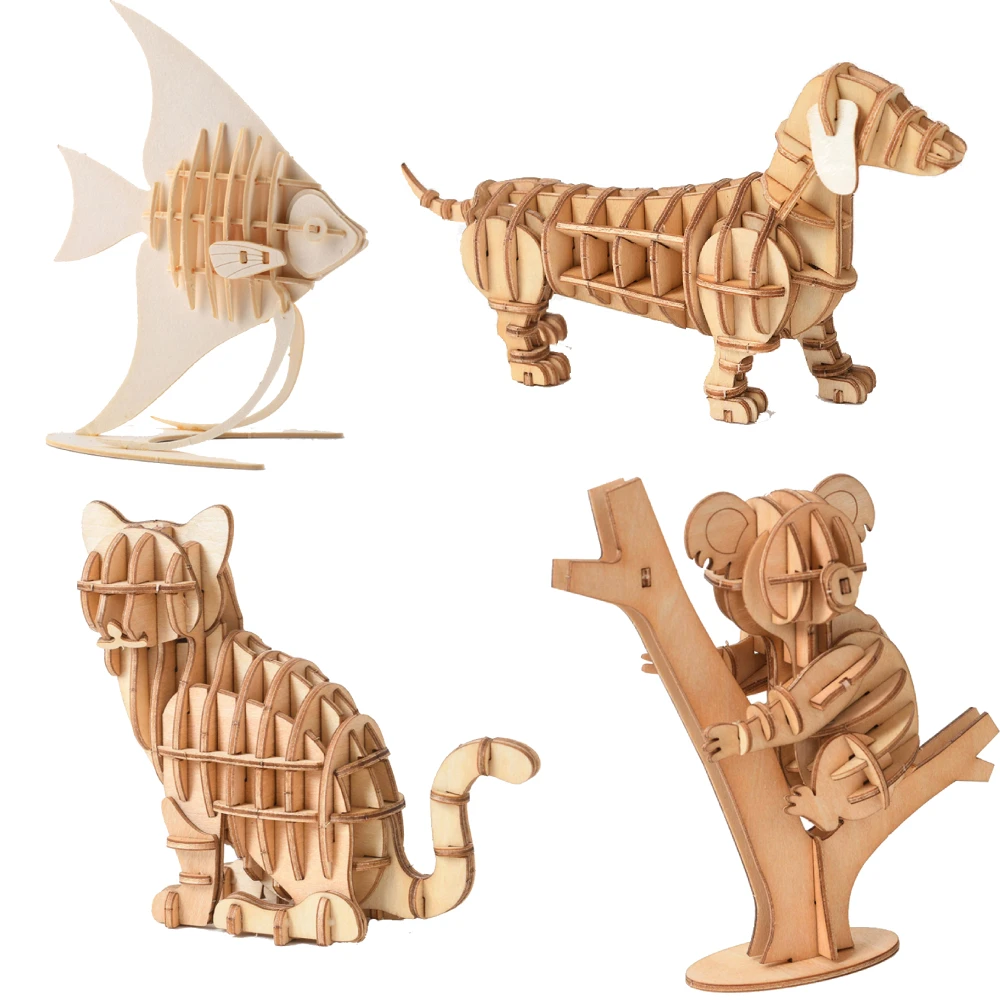 3D Wood Animal Jigsaw Board Toys Kids Cat Assembly Building Block Handmade Laser Cut  Montessori Fish Koala Puzzles Model