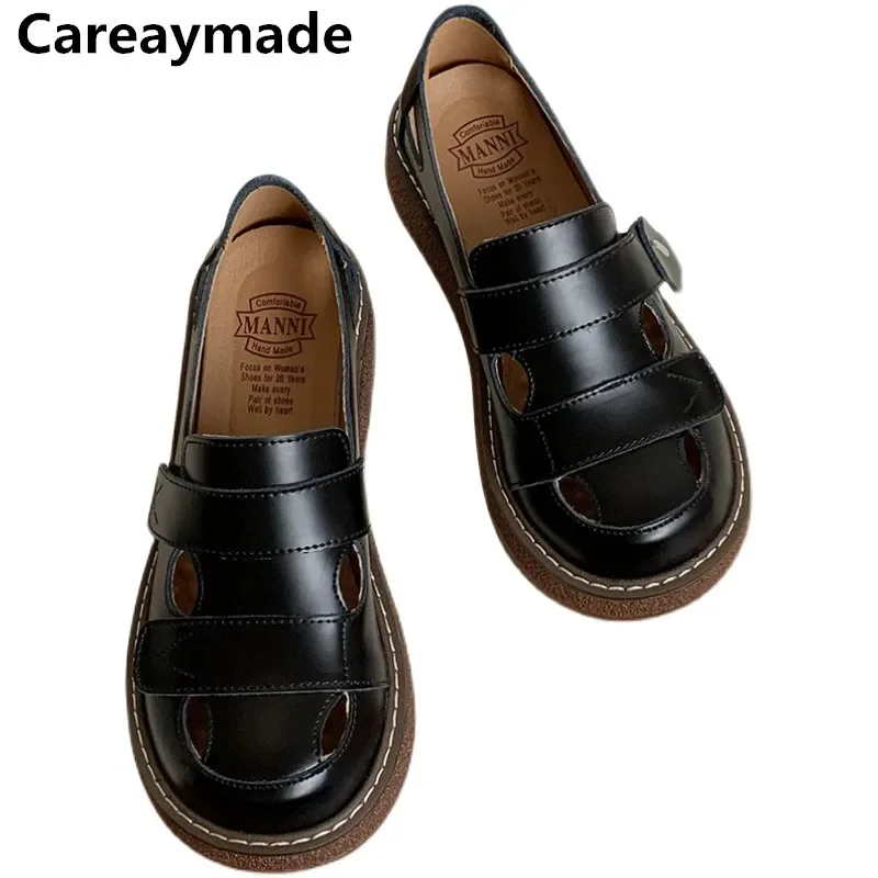 Careaymade-Retro Literary Genuine Leather Sandals Hollow Breathable Platform Hole Shoe Thick Sole Handmade Casual Flat