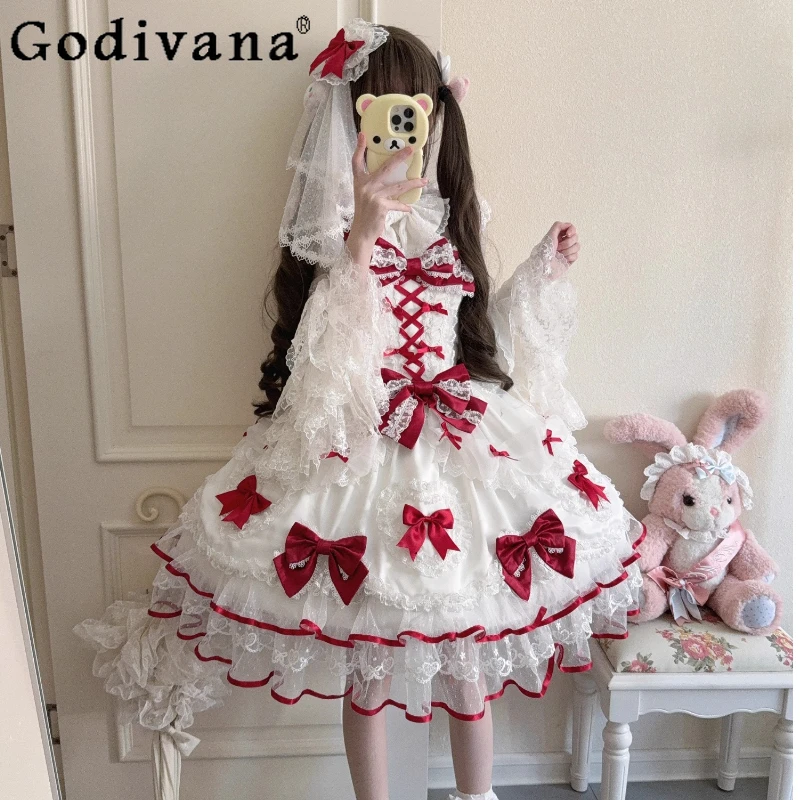 Original Japanese Sweet Lolita Pink Dresses JSK Girl's Woman's Slim Fit Bow Lace Birthday Party Sling Dress Y2k Princess Dress