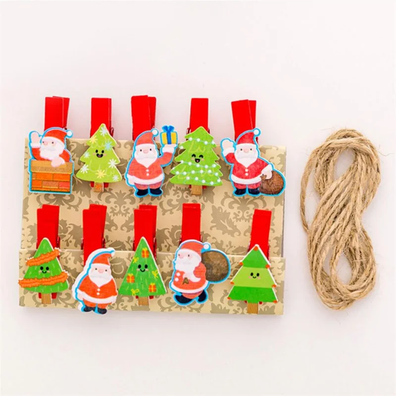 10PCS/BAGS Christmas Wooden Clip Photo Cute Cartoon Colored Clip Creative with Hemp Rope Photo Wall