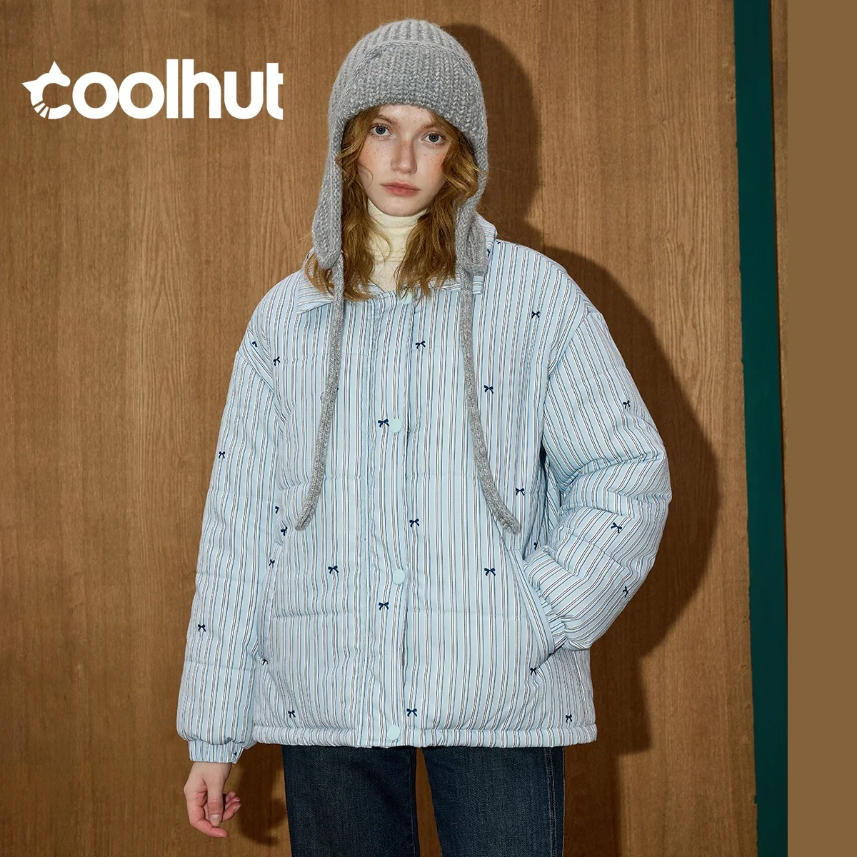 COOLHUT جديد مريح صالح الشريط التعادل المرأة معطف الشتاء مخطط الوقوف طوق سترة أفخم مبطن ملابس خارجية نمط أناقة غير رسمية #1