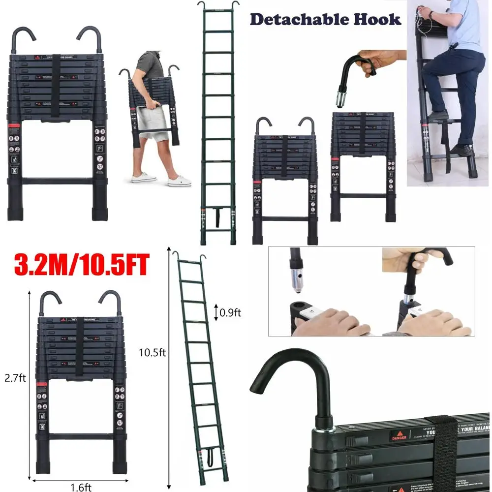 Scala telescopica in alluminio - 10 piedi, 2 ganci per tetto, leggera, multiuso, capacità di 330 libbre, certificata EN131