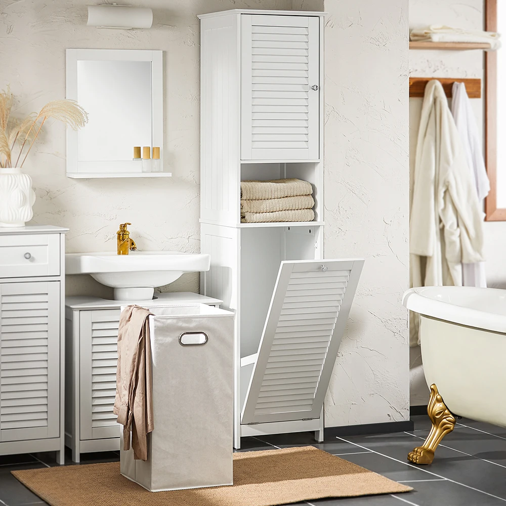 SoBuy BZR124-W Hochschrank mit ausklappbarem Wäschesack Badezimmer Schrank Badschrank schmal Wäscheschrank Badregal – Detail 2