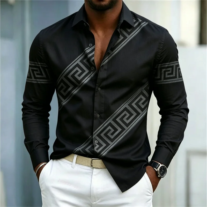 2026 New Men's Shirt with European and American Style Twill Pattern Printed Shirt, Fashionable and Casual Business Men's Clothin