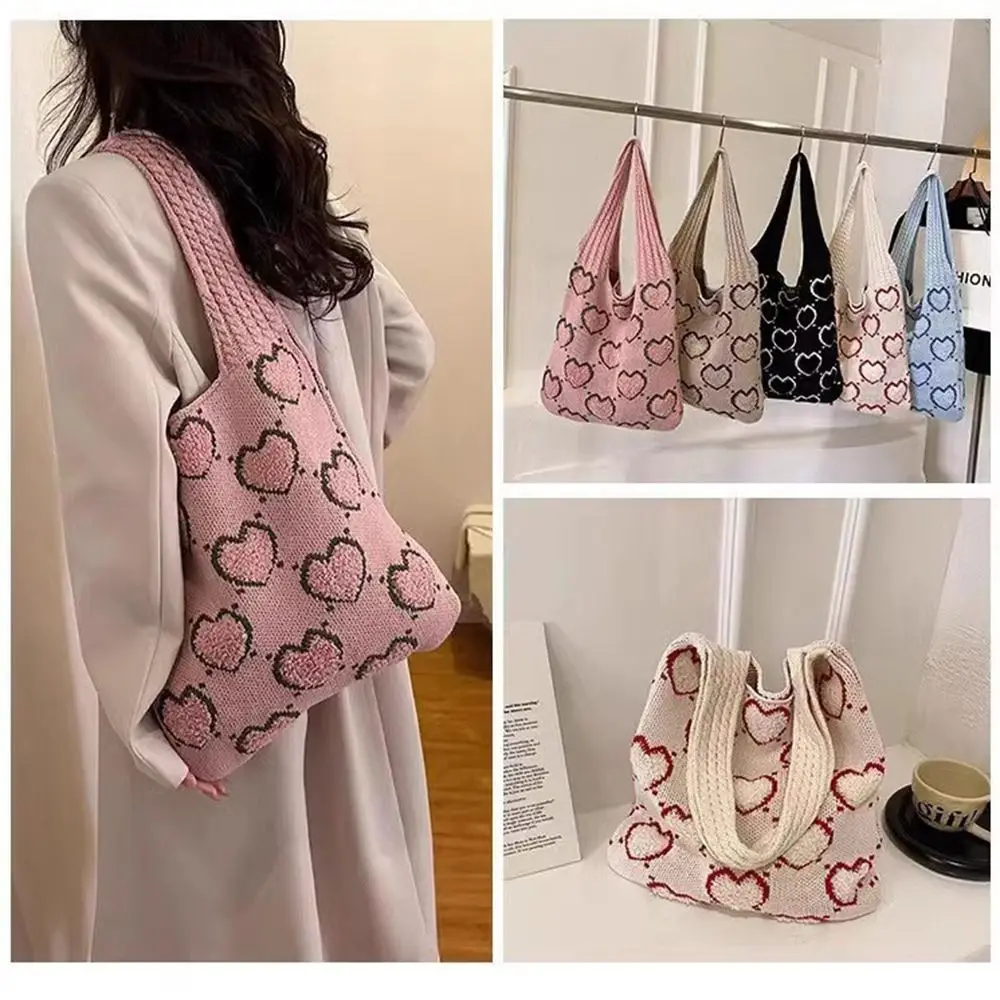 Women Crochet Shoulder Bag Large Capacity Heart Pattern Woven Sling Bag Versatile Knitted Shopping Bag Daily Shoulder Bag