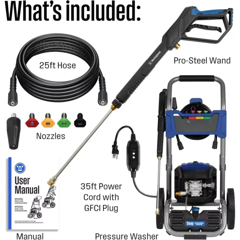 

Electric Pressure Washer, 3400 Max PSI and 2.0 Max GPM, Brushless Motor, Onboard Soap Tank, Spray Gun and Wand