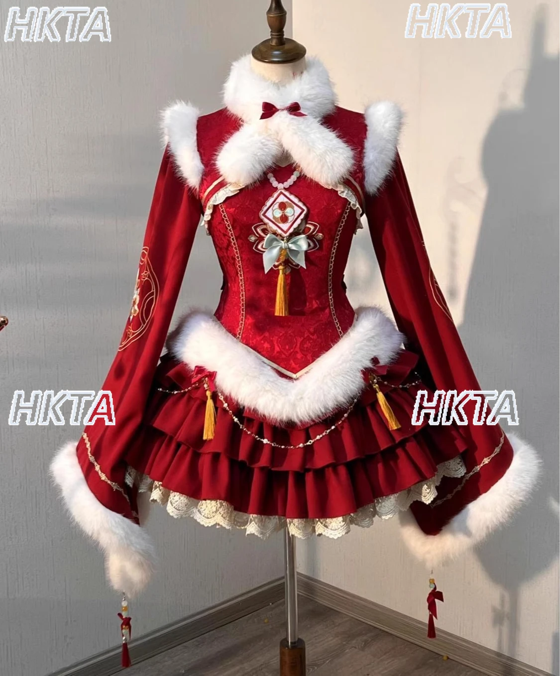 

Новые китайские ретро милые новогодние платья Лолиты, зимняя водолазка с рогом и длинными рукавами, с бантом, плиссированное платье для торта на талии, женское платье