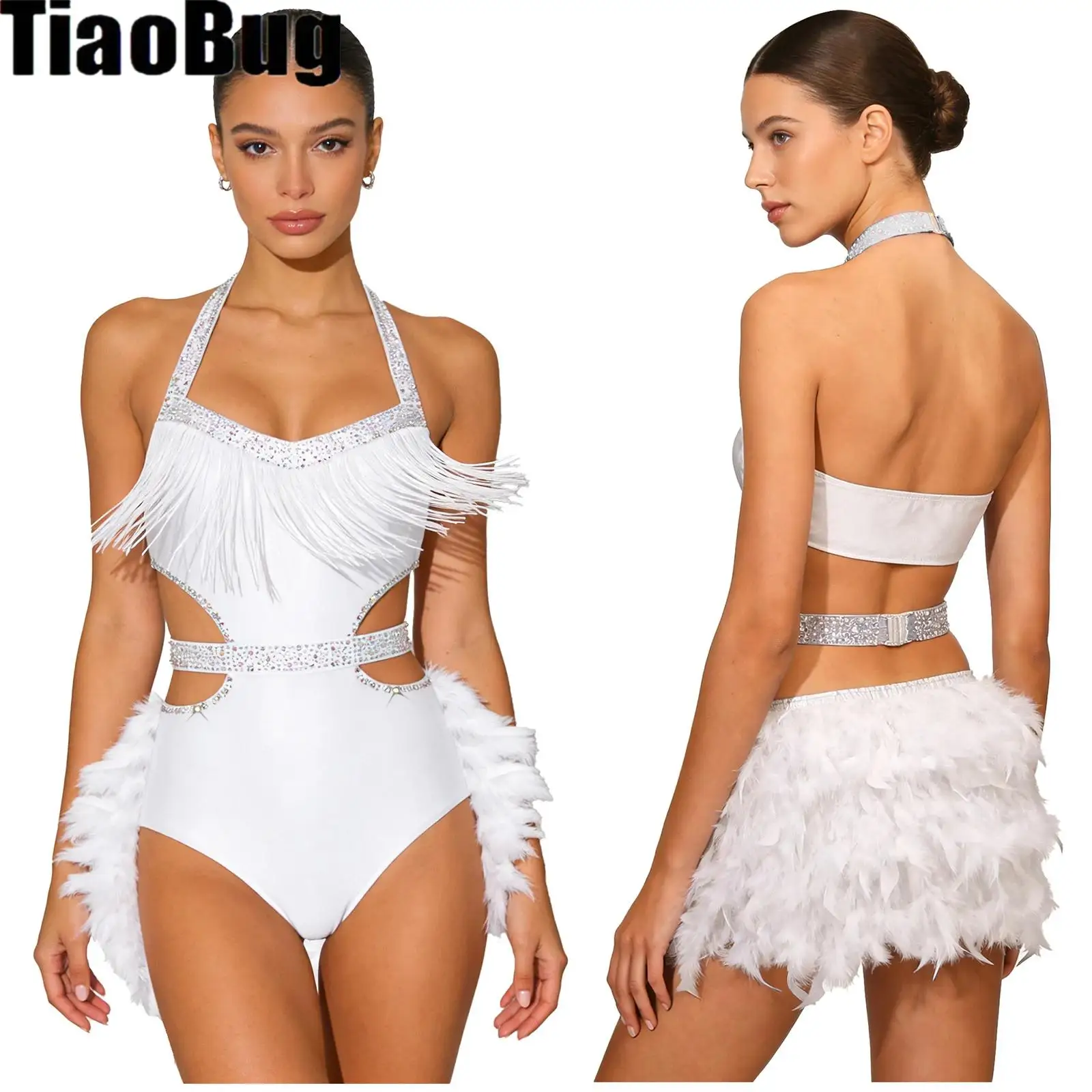 

Womens Glittery Rhinestone Dance Jumpsuit with Faux Feather Accents Halter Backless Leotard for Latin Rumba Samba Spanish