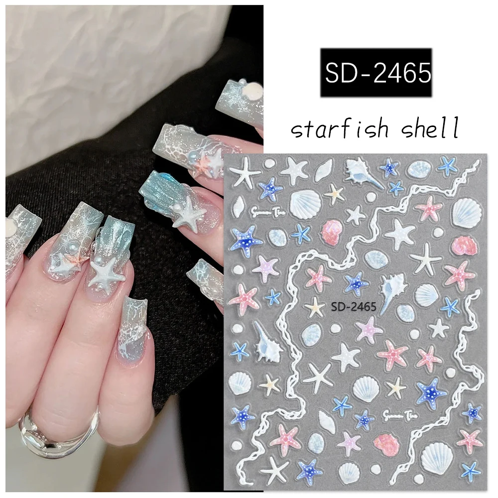 KANIU 1 Blatt 5D Geprägte Seestern-Muschel Nagelaufkleber Glänzende Muscheln Seestern Strand Nagelsticker Sommer Meer Thema Nagelkunst Aufkleber