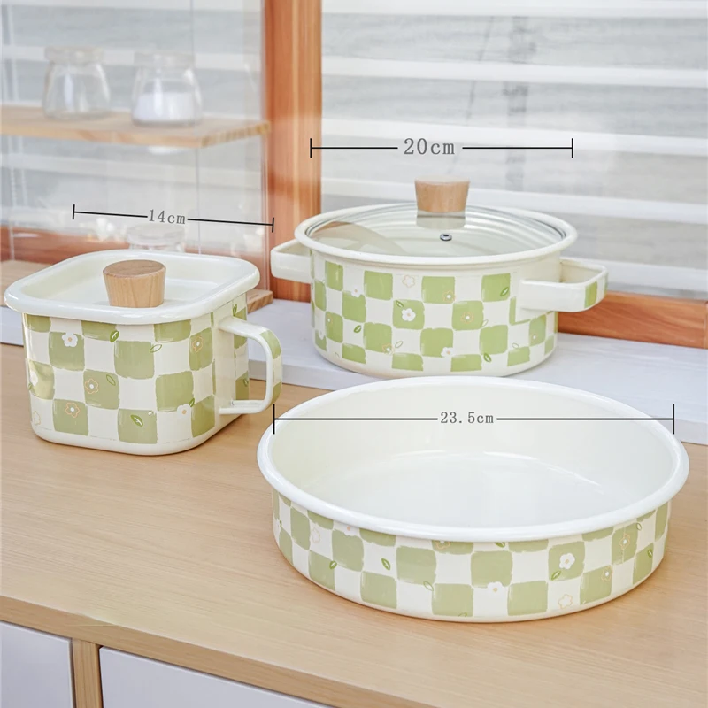 Enamel Soup Pot Light Green Plaid Square Bowl with Lid Pastoral Sealed Storage Tank Noodle Bowl Baking Pan Kitchen Cookware