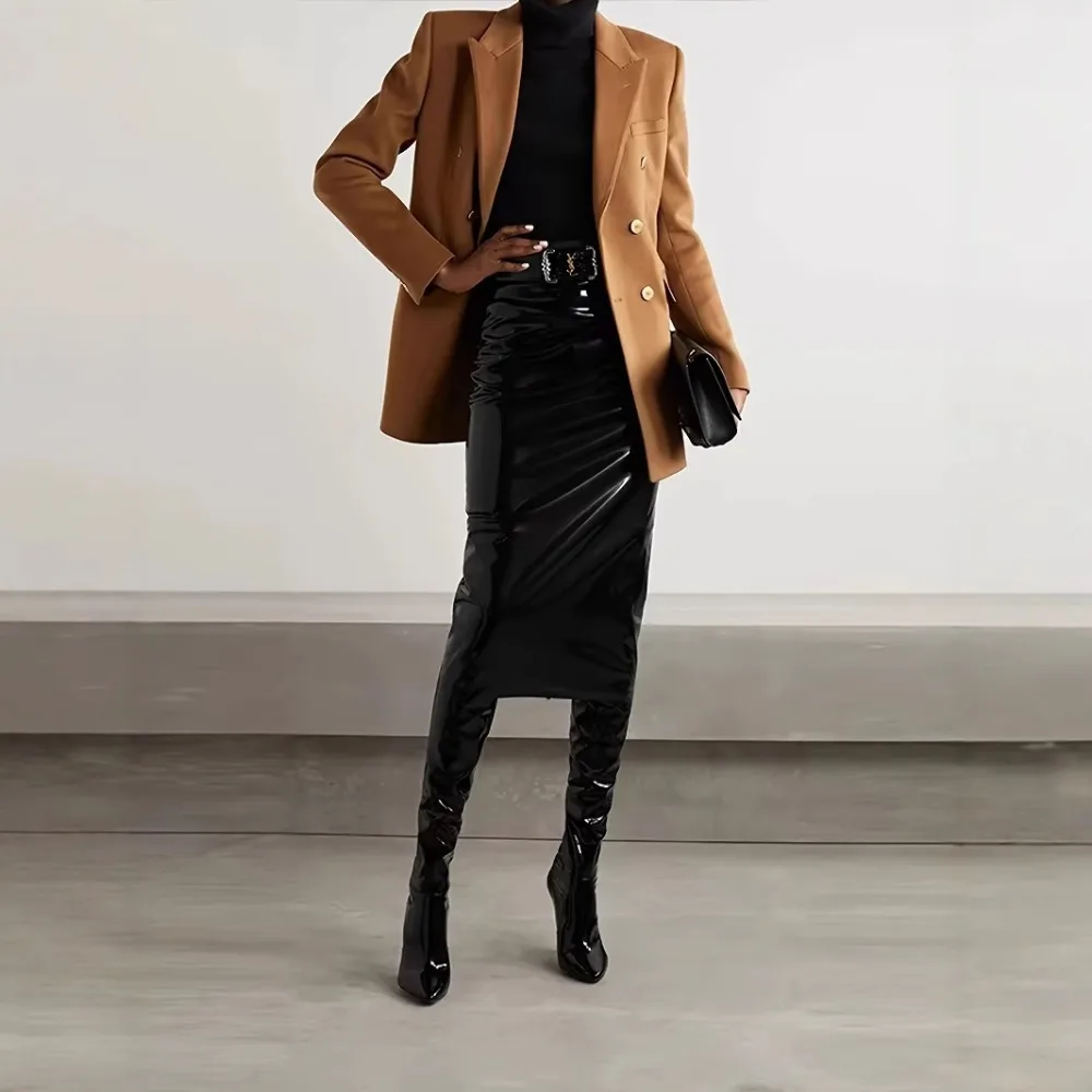 Women's Elegant Hip Hugging Skirt,Patent Leather Full Zipper Sexy Plus Size Slim Fit Skirt,High Waist and Knee Length Rice Skirt