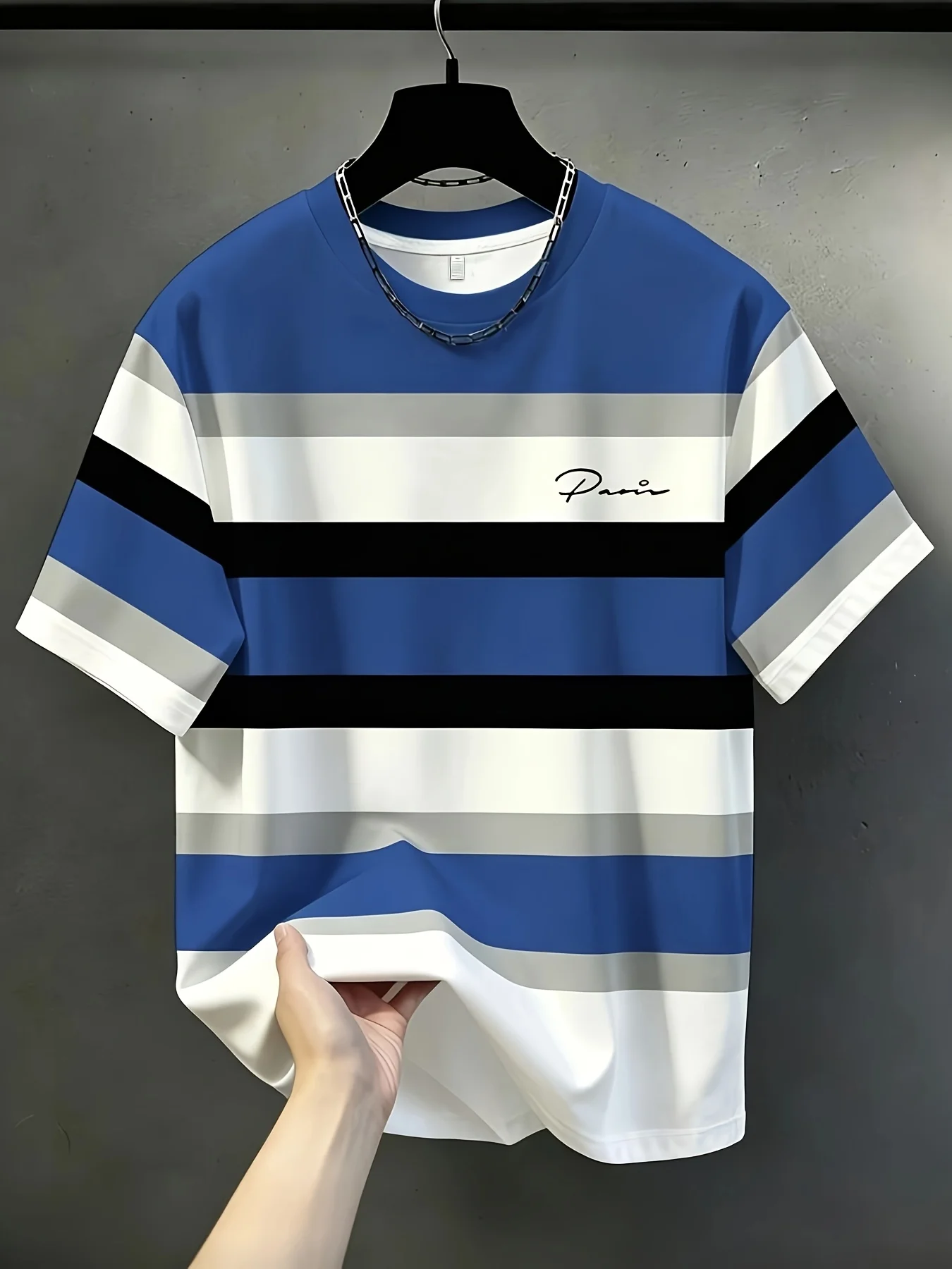 Stylish Men's Striped Short-Sleeve T-Shirt With Color-Blocked Paris Handwritten Signature Print Round-Neck Summer Casual Top