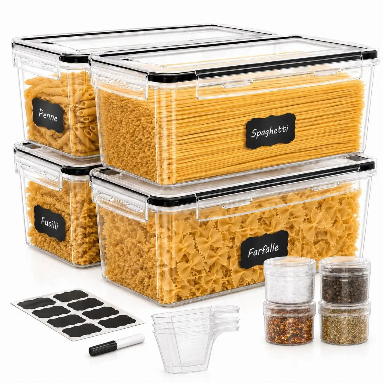 8PCS Airtight Food Storage Containers Set, 4 Containers + 4 Lids,Dishwasher Pasta Storage Canisters For Spaghetti, Noodles, Cereal, Flour, Snacks & Dry Food, Leakproof Stackable Kitchen Pantry Organizer Jars With Scoops, Labels & Marker