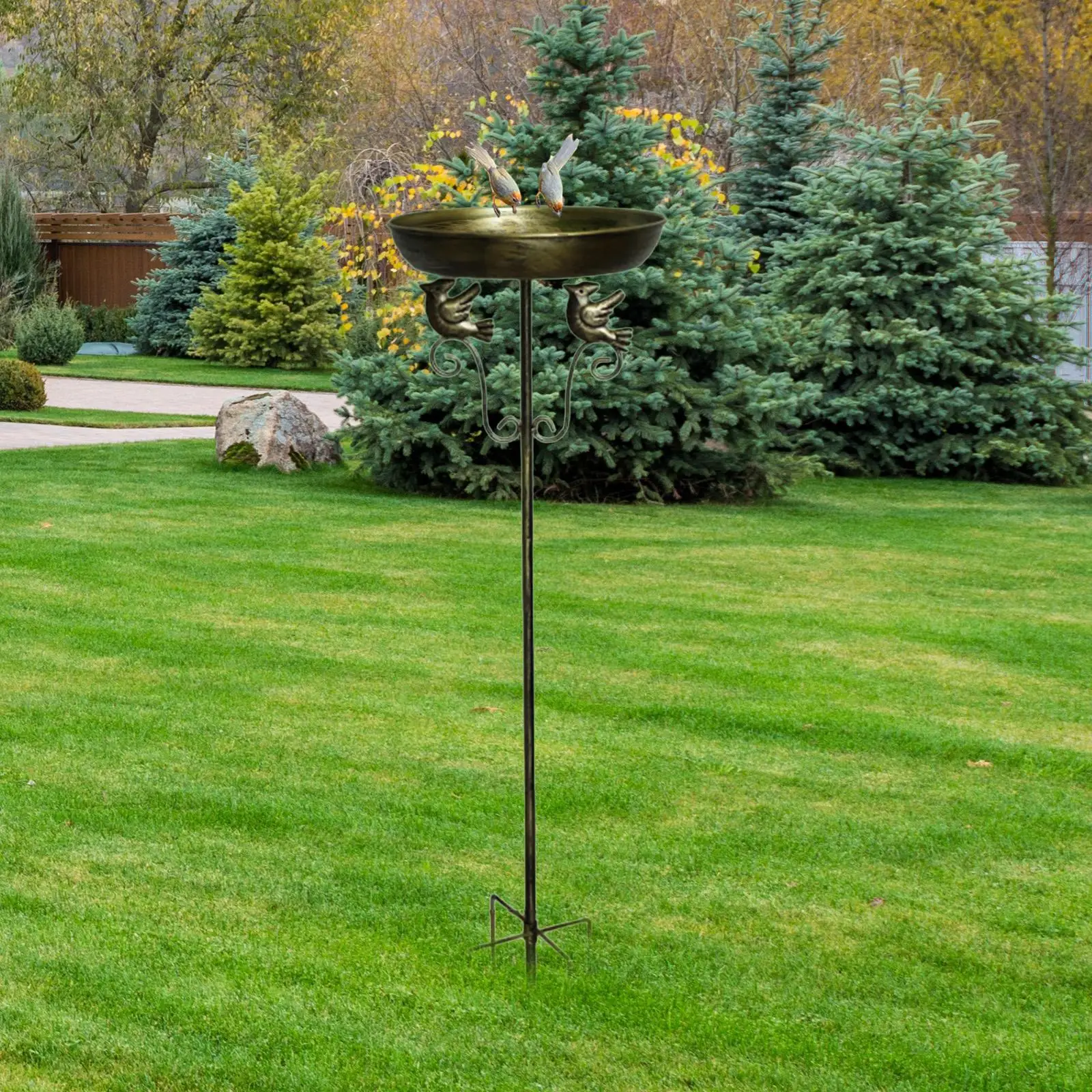 

Bird Bath Feeder Bowl Drinking Decor Metal with Stake for Deck Backyard Lawn