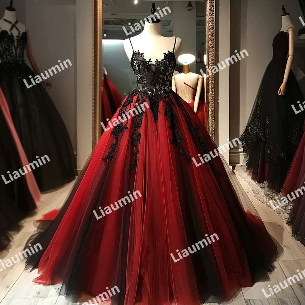 Red Tulle Black Lace Applique Strap Ball Gown Full Length Prom Wedding Formal Dress For Evening Party Lace Up Back Custom A3-1.3