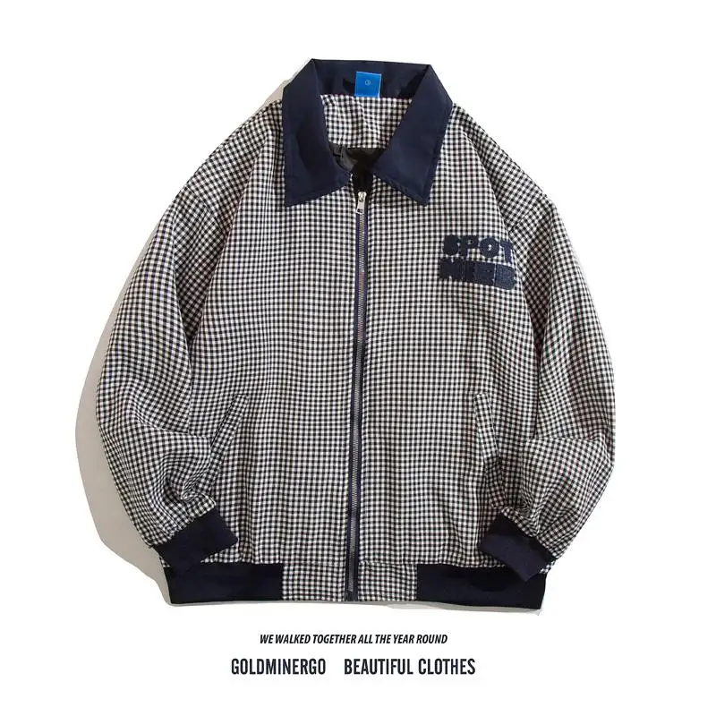 

Retro American Bla White Plaid Men's Jaet Spring Autumn Sports Casual Loose Letter Embroidery Lapel Coat Youth Faion