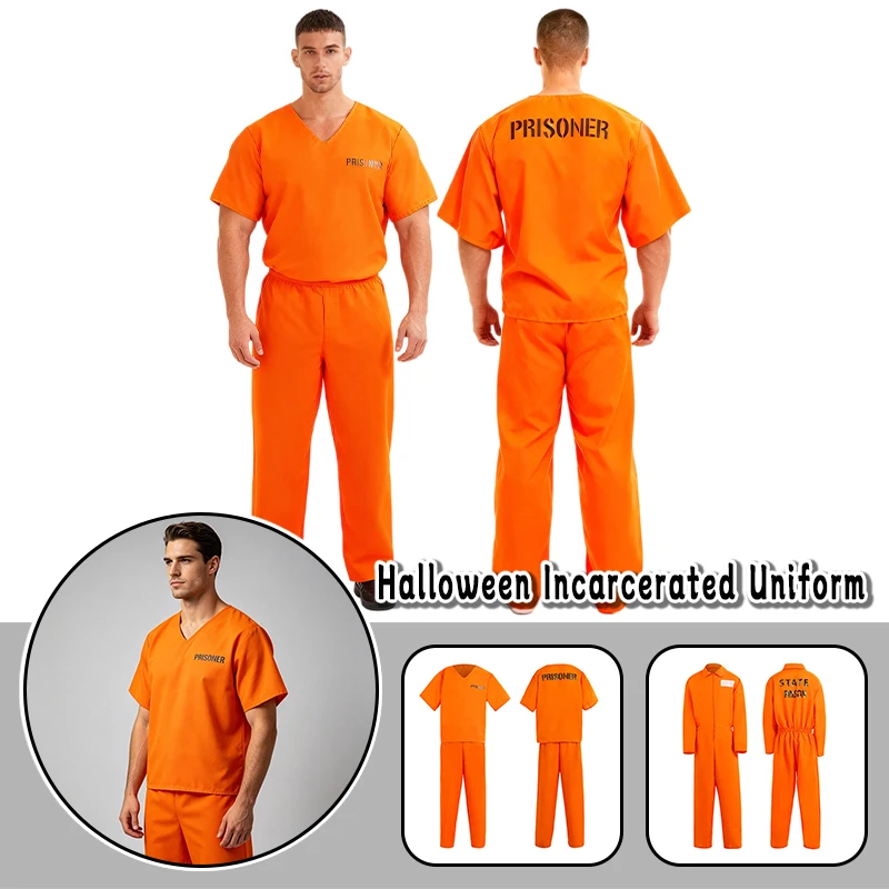 

Unisex Adult Carnival Halloween Fancy Dress Up Uniform Men Jail Jumpsuit Outfit Orange Prisoner Cosplay Costume