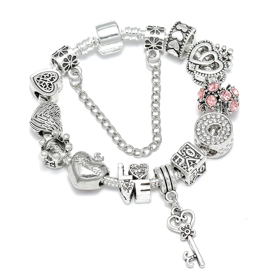 Silver Plated Heart Key Pendant Charm Bracelets For Women Girls Princess Crown Beaded Bracelet Jewelry