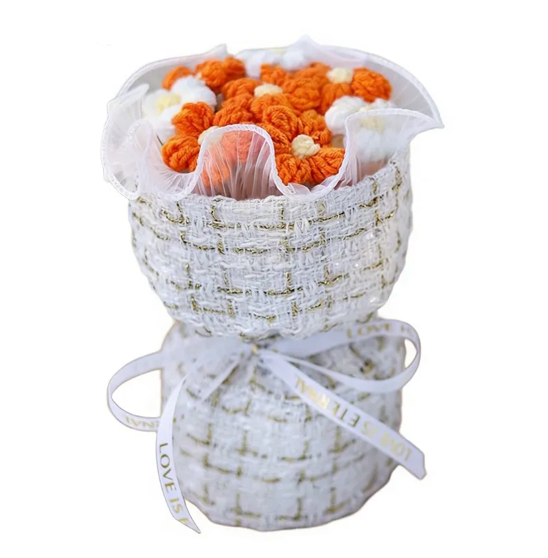 7 Pcs Knitted Puff Flower Bouquet Handmade Yarn Flowers Valentine Birthday Gifts For Women Bouquet Colorful Puff Flowers