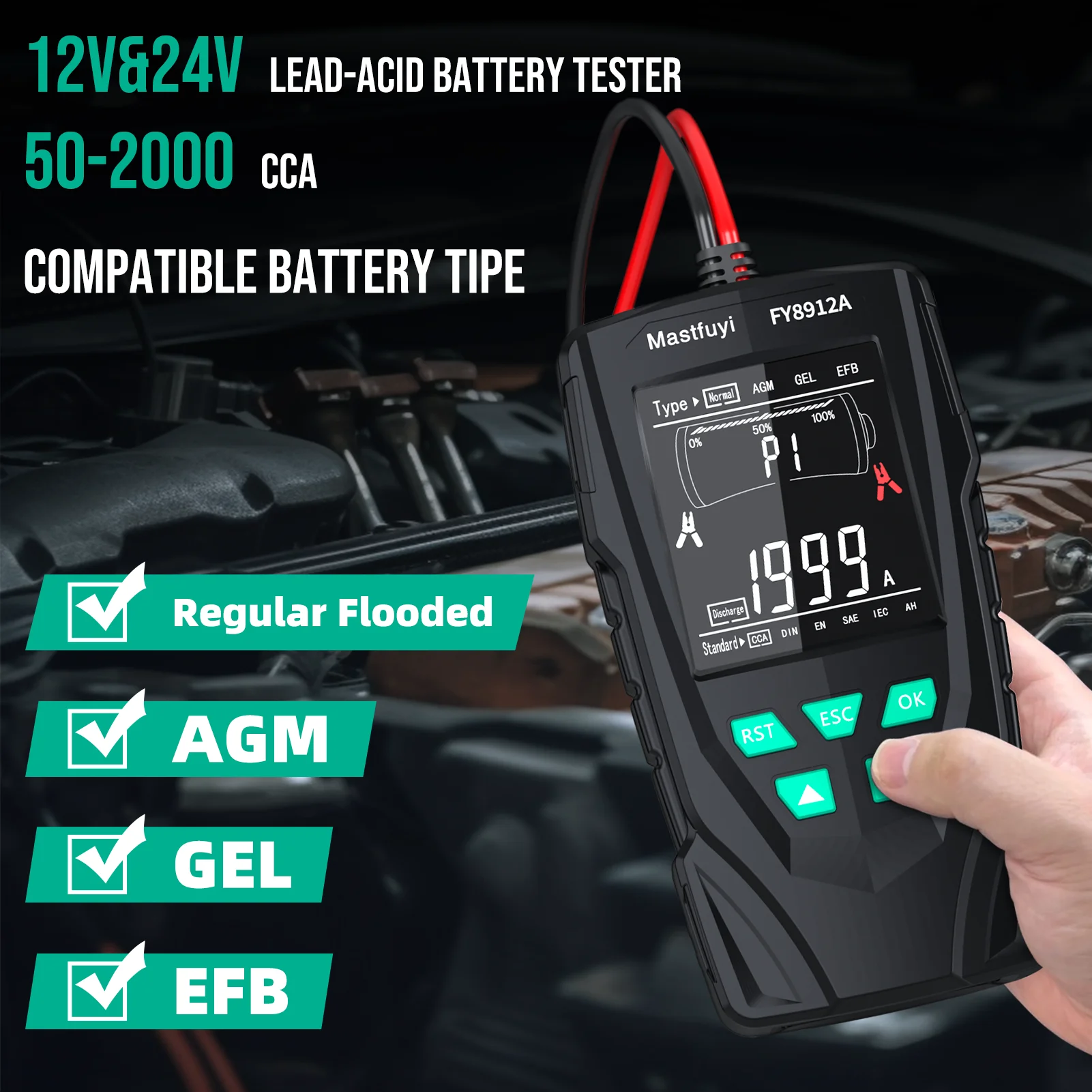 MASTFUYI FY8912A Car Automotive Battery Tester 12/24V Battery System Analyzer 50-2000CCA Charging Cranking Diagnostics Tools