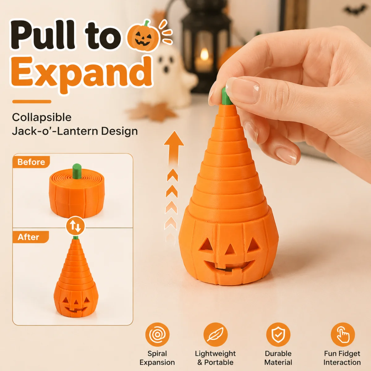 1 Pc Retractable Layered Pumpkin Toy,Eco PLA 3D Print,Halloween Smiley Pumpkin Stress Relief Fidget Ornament for Desk Decor
