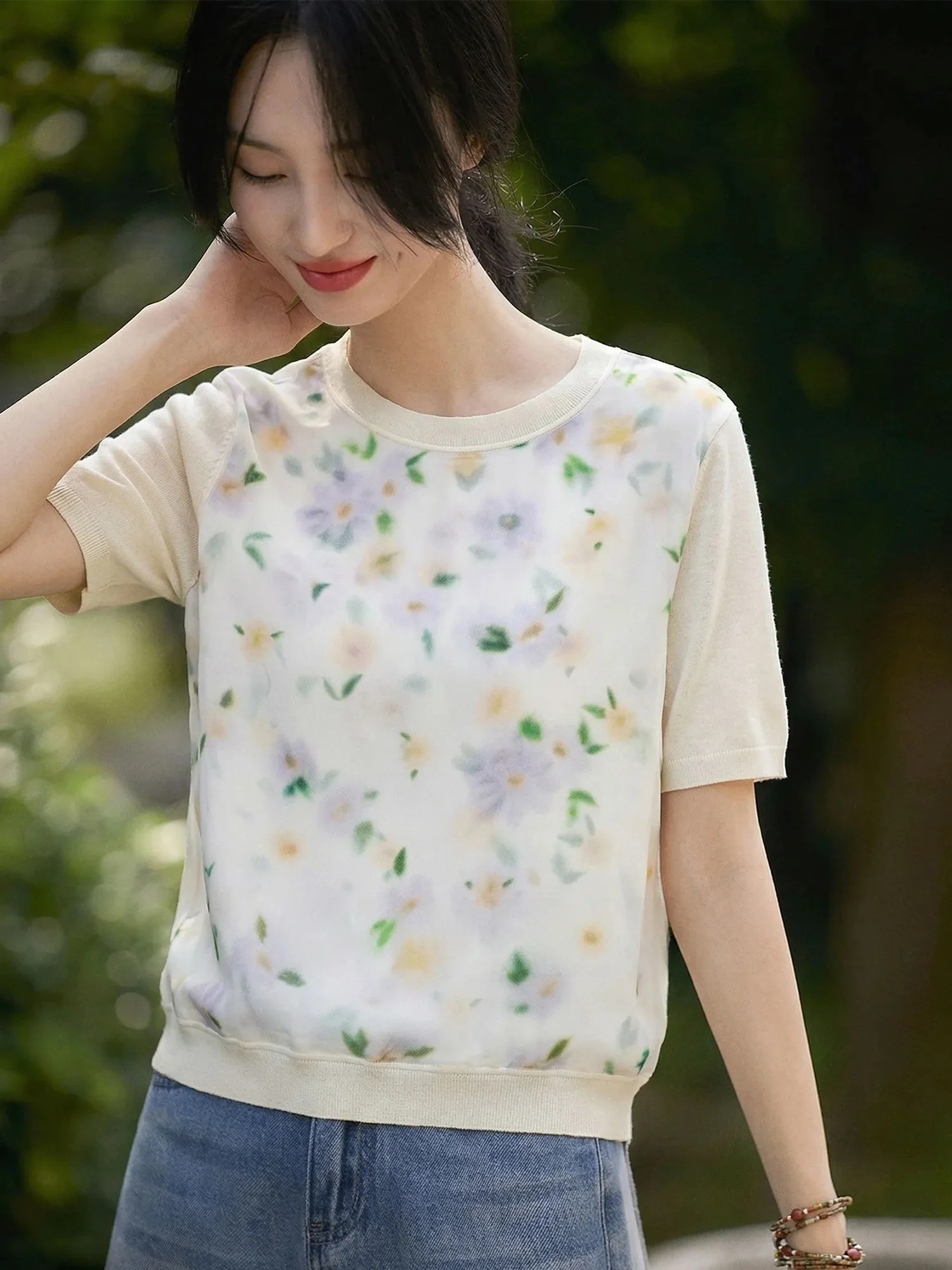 

Chivirin Silk Geomancy Simple Style Floral Print round Neck Short Sleeve Knitted T-Shirt Women Summer Slimming Ageless Top