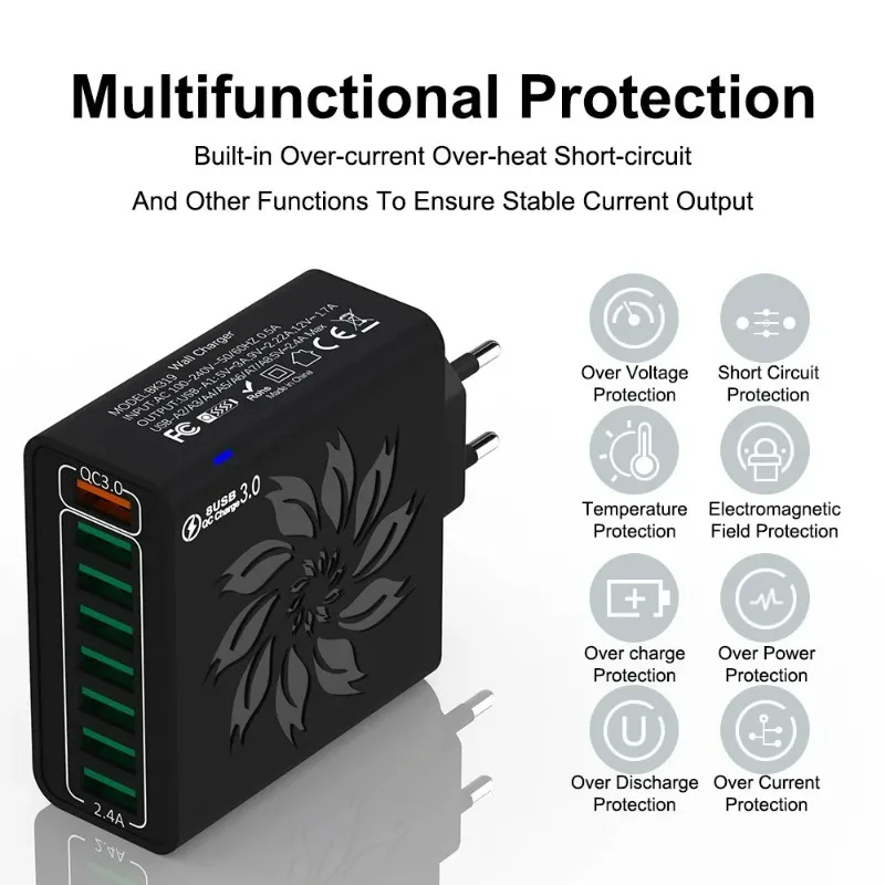 Chargeur USB 8 en 1 de 30W à Charge Rapide 3.0 Multi-Ports, Prise Murale UE/US, Adaptateur pour iPhone, Samsung, Xiaomi