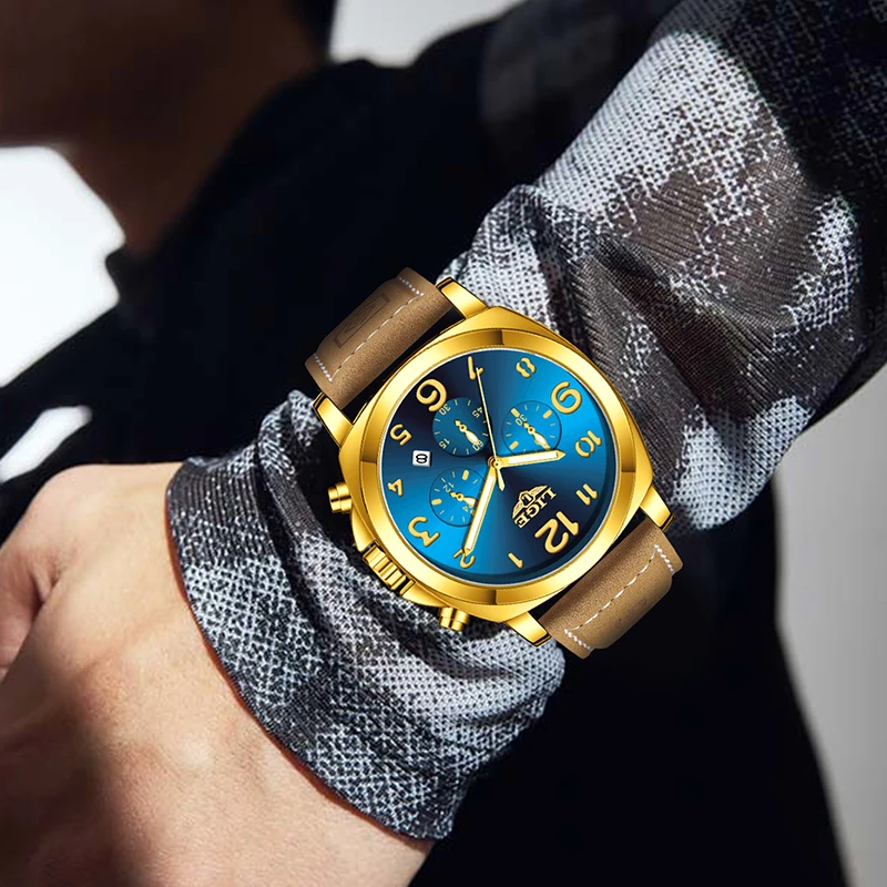 LIGE New Luxury Leather Quartz Watch For Men Fashion Business Military Luminous Chronograph Clock Male Waterproof Men's Watches
