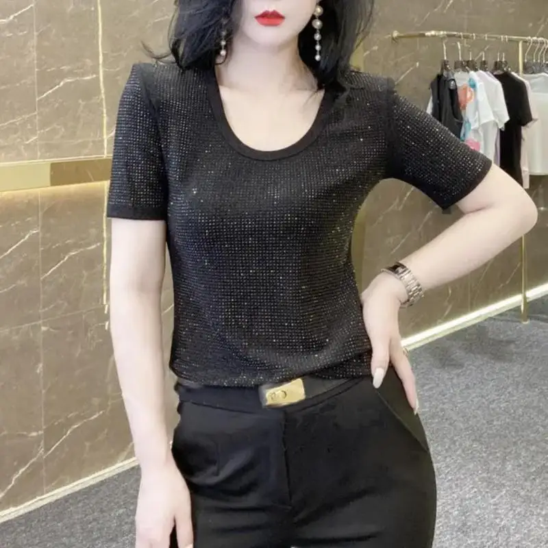 T-shirt à manches courtes pour femmes, col rond, diamant brillant, version coréenne, haut slim, printemps