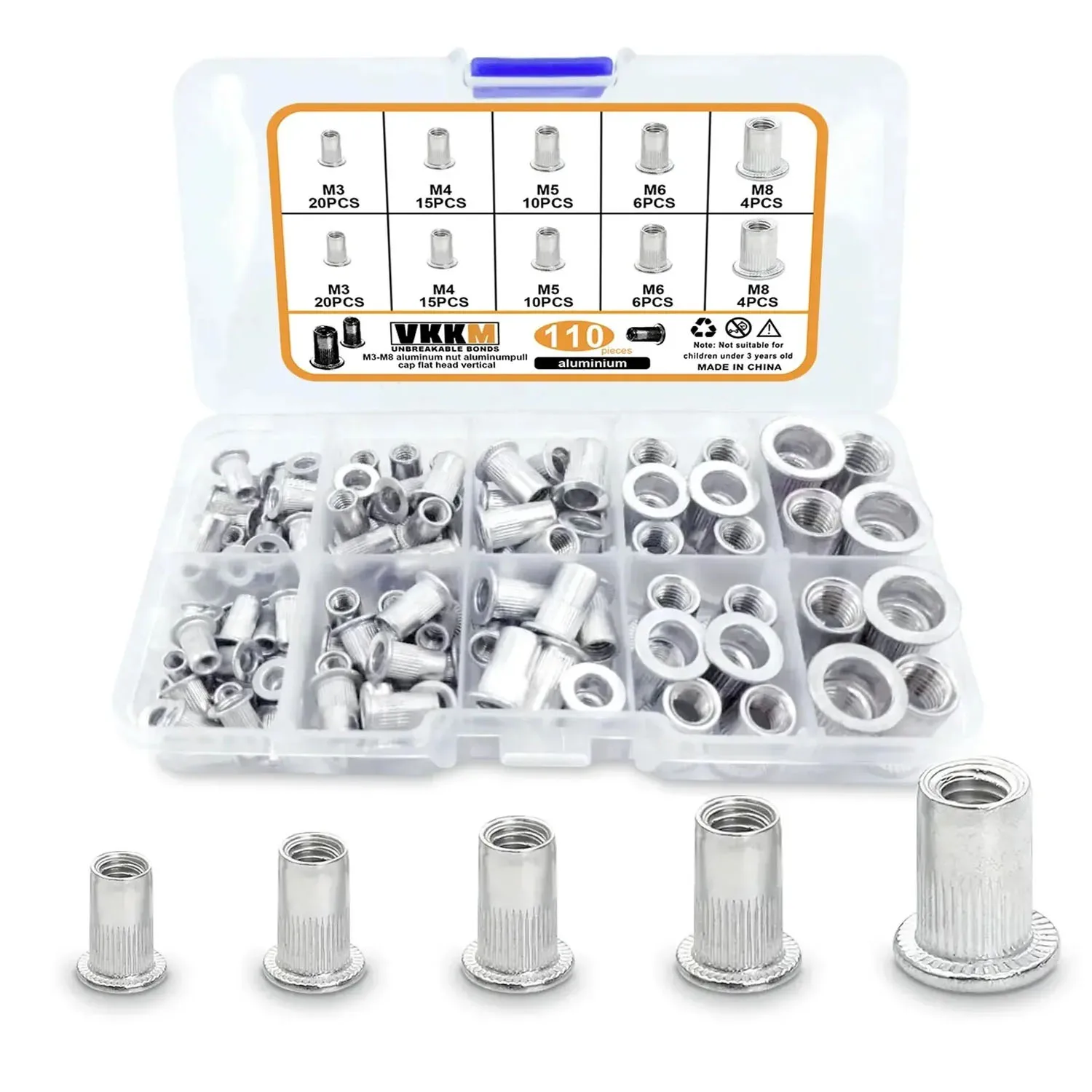 

VKKM 110/70piece Aluminum Riveted Nuts, M3To M8 Mixed Set, Can Meet Various Needs and Can Be Used in Scenarios Such As Anchoring