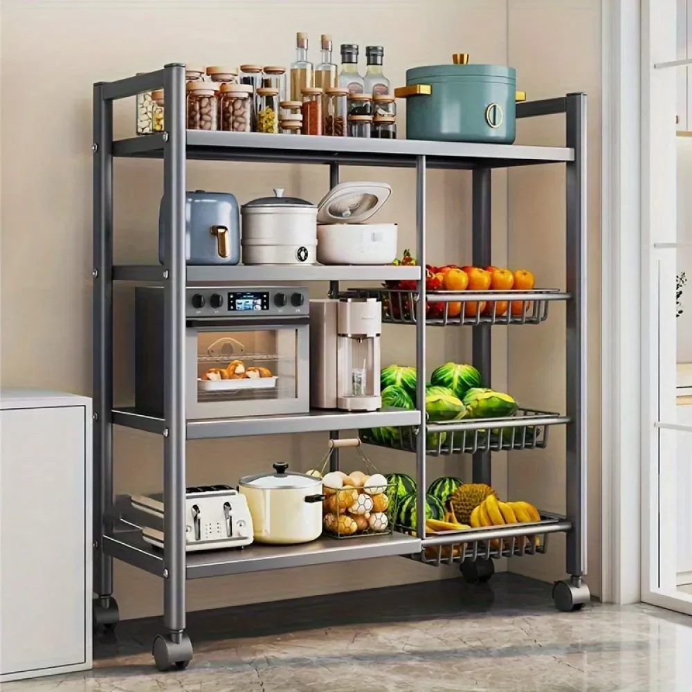 

Piece Kitchen Movable Storage Rack, FloorStanding 4Layer Black Metal Vegetable Basket Storage Rack With Wheels, Multifunctional