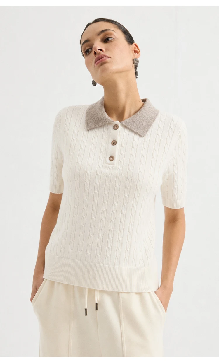 MZ62085 Damen-Pullover im Preppy-Stil mit Polokragen, Zopfmuster, kurzen Ärmeln, Kontrastkragen, Knopfdetails, Modal-Mischung, Oberteil für den frühen Herbst – Detail 7