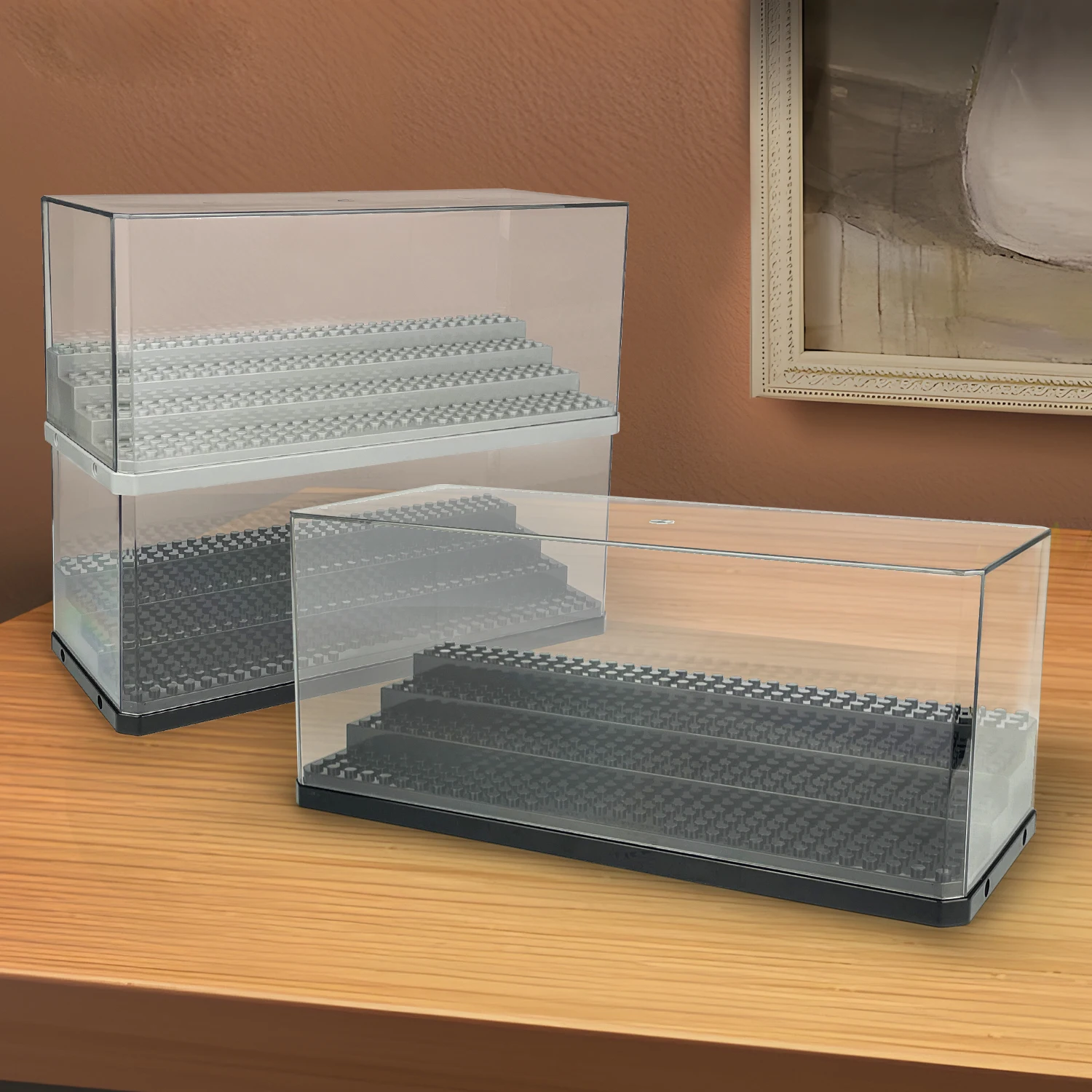 Acrylic Display Case for Figures Dustproof, Minifigure  Lego Action Figures Collection Storage Blocks With Ladder Showcase