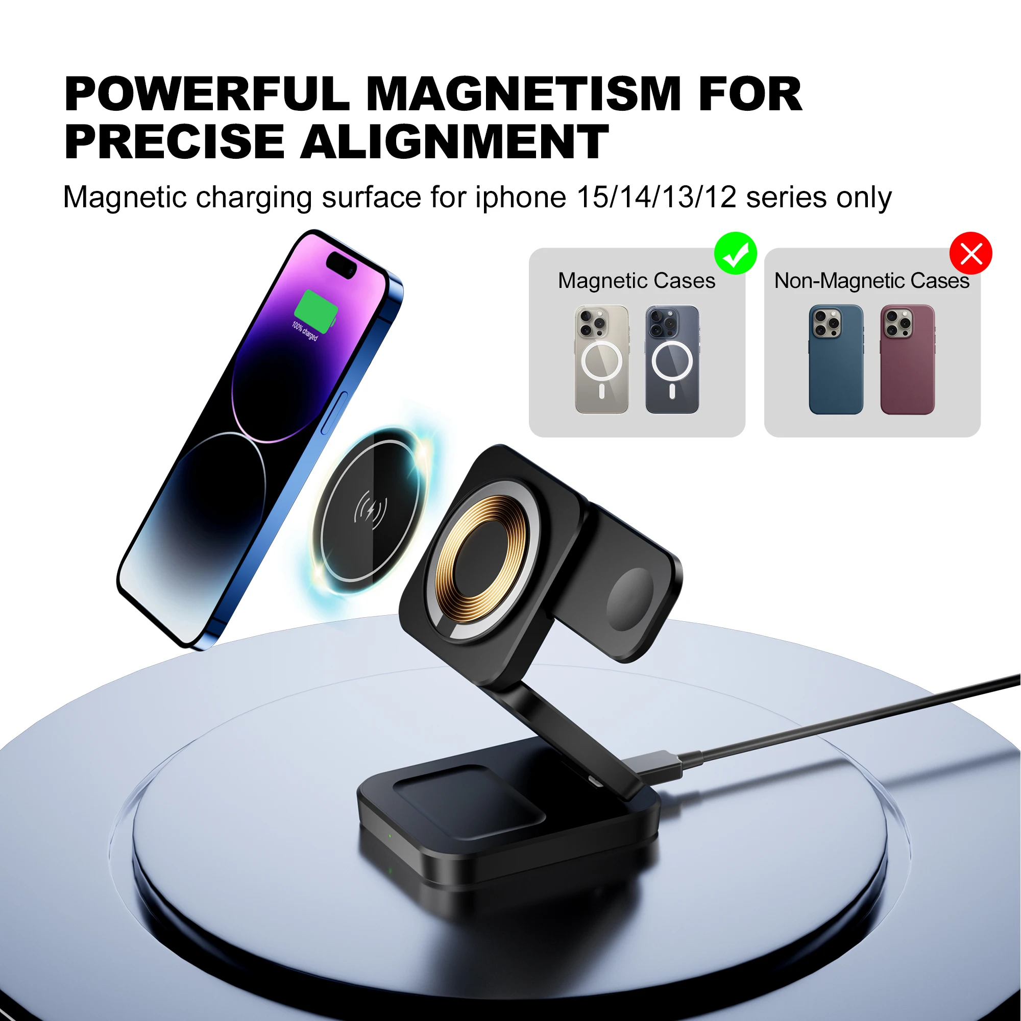 AMORUS 3-in-1 15W Fast Charging Magnetic Wireless Charger for iPhone Apple Watch Airpods Folding Phone Bracket Best Travel Set