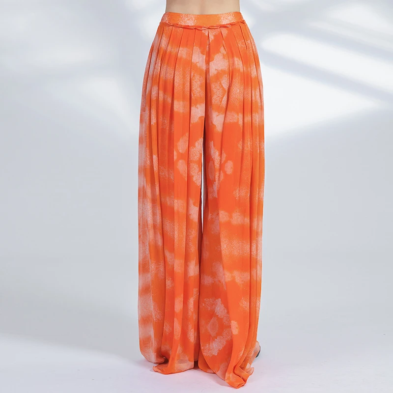 Double Layer Georgette Silk Fungus Edge Natural Waist Side Pockets Orange Light and Fashionable Pleated Long Culottes KY066