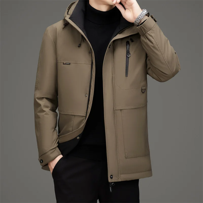 2024 Winter Men White Down Puffer Parkas Black Khaki Coffee Thermal Outerwear Thick Windproof Hooded Basic Coat Warm Overcoat