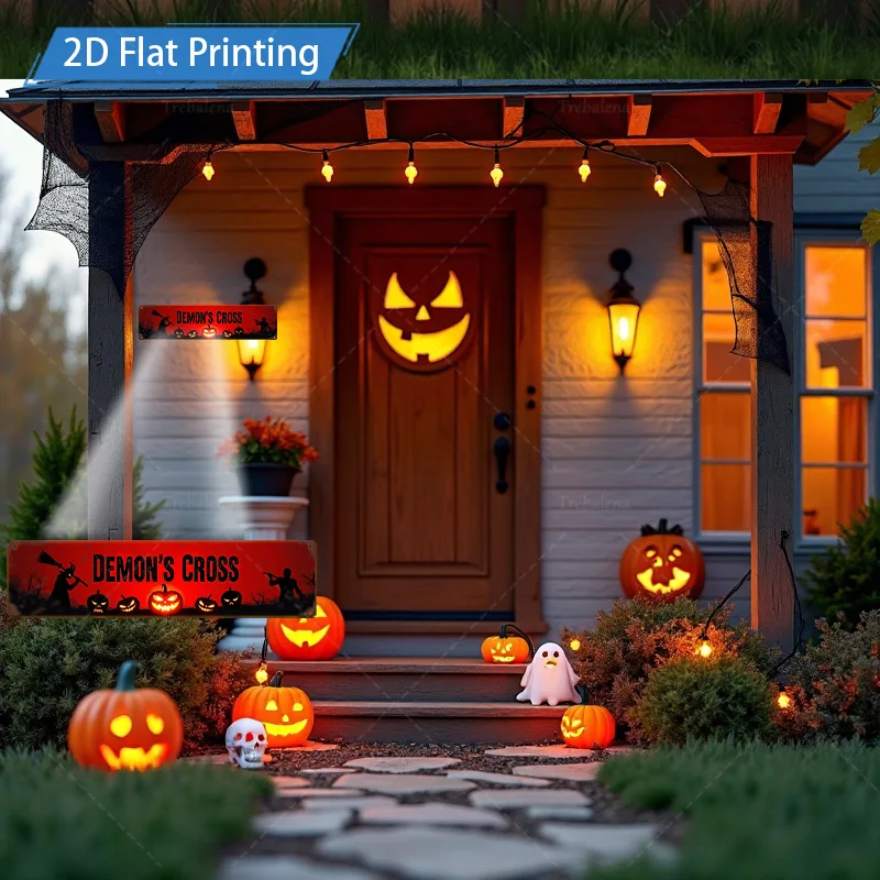 1 قطعة 8x12 بوصة علامة معدنية هالوين شيطان الصليب تسجيل مع القرع والخفافيش للديكور مخيف #2