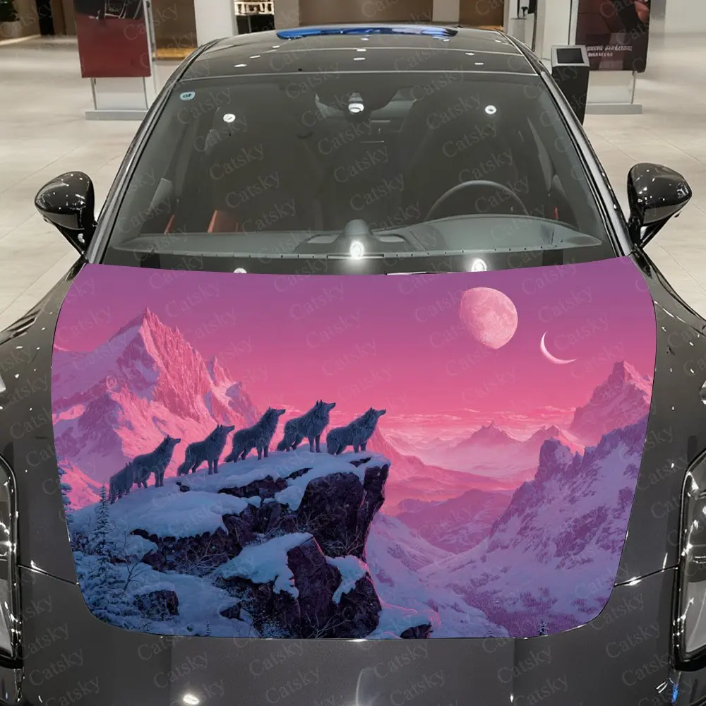 Snowfield Wolf Pack Car Hood Decorative Stickers. It Enhances The Aesthetic Of The Vehicle And Can Be Easily Applied To Metal Su