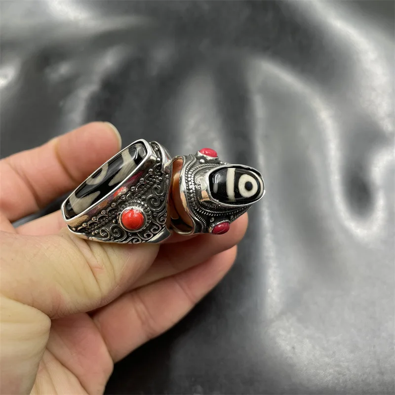 Cheap Jade Tibetan Vintage Tibetan Silver Inlaid Sky Beads Agate Ring Tibet Old Agate Open Ring