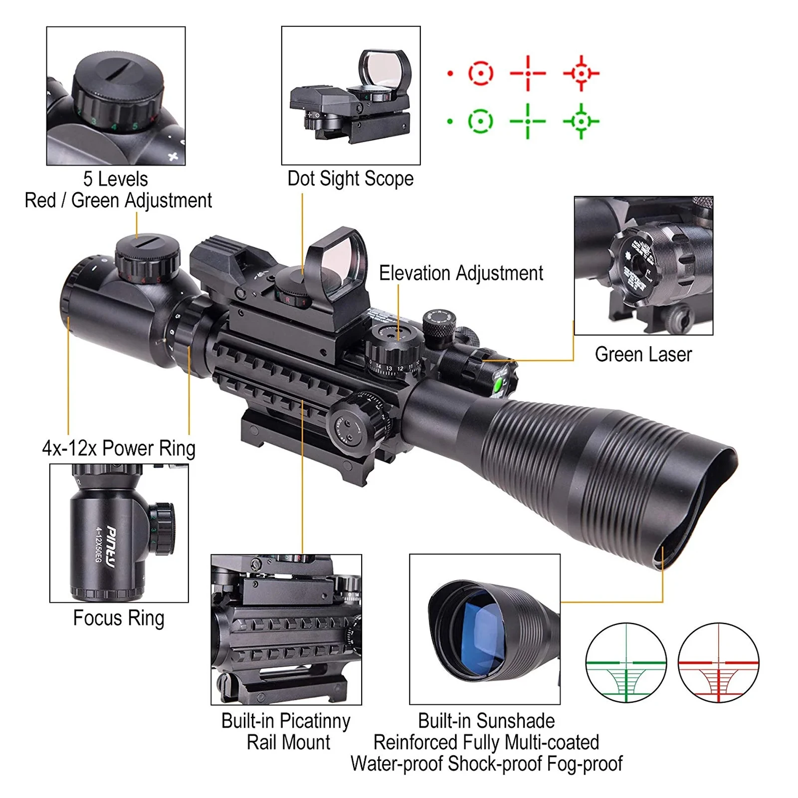 3-in-1 Rifle Scope Red Dot Laser Combo 4-12x50 Illuminated Optics with 4 Reticle Red Green Reflex Sight for Airsoft Hunting