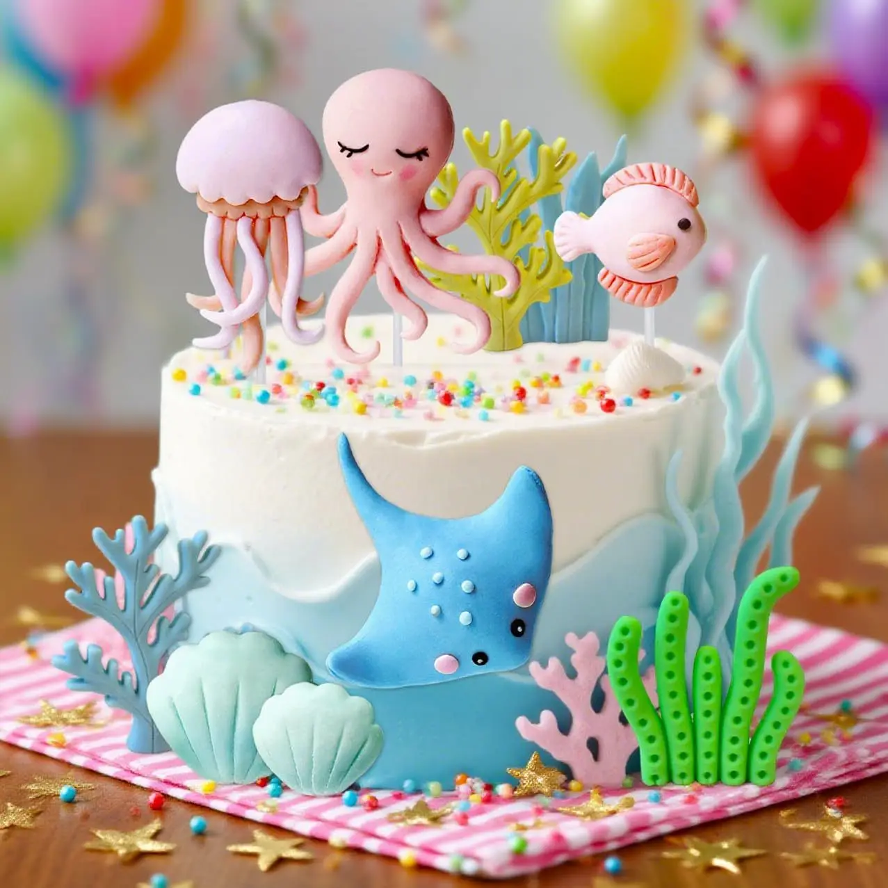 1 Set Ozean-Tier-Kuchendekoration Oktopus Delfin Qualle Koralle Muschel Unterwasser-Thema Kinder Dessert-Deko Zubehör – Detail 1