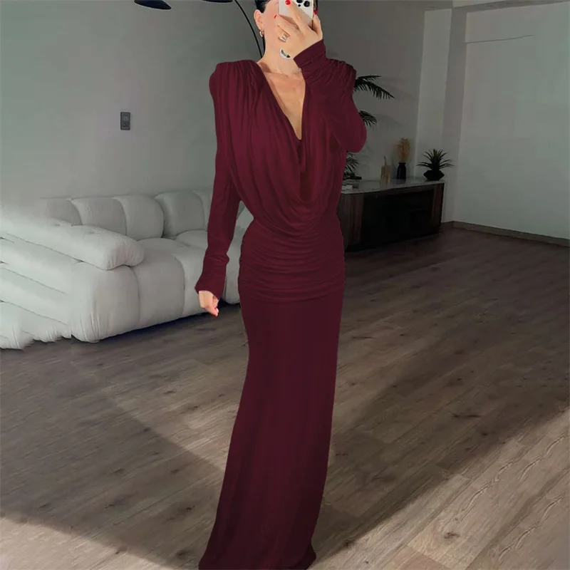 أبيض أسود الخريف المرأة فستان حفلة موسيقية مثير العميق الخامس الرقبة عارية الذراعين كامل الأكمام طويلة غمد حزب ثوب رسمي مساء عيد ميلاد رداء