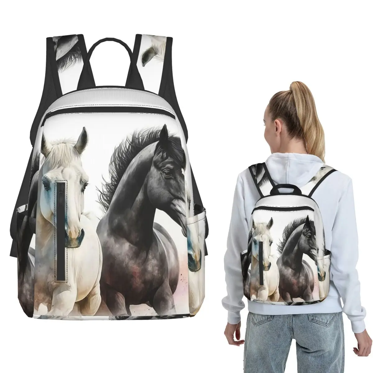 White Horse And Black Horse Running Backpack Daypack Children BookBag School Bag Shoulder Bags for Men Women