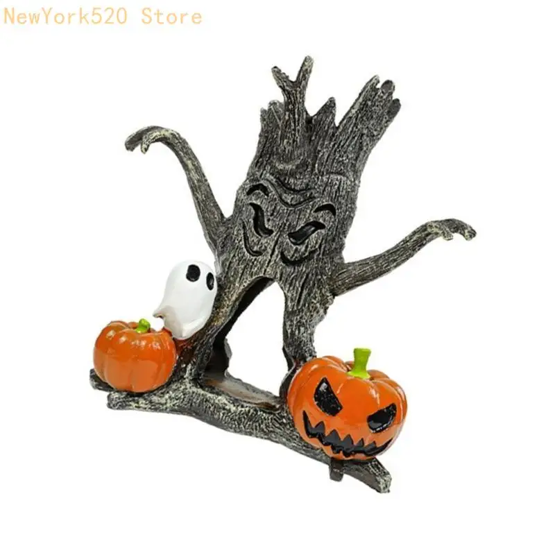 N84C Halloween Fish Tanks Dekorasi Stump Labu Rumah Resin Patung