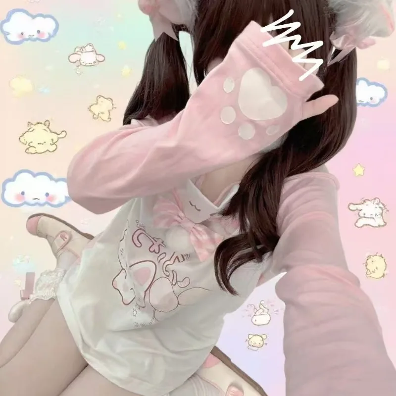 Sweet Kawaii Cartoon Print Women T-shirt Lace Patchwork Bow Slash Neck Off Shoulder Cute Graphic Tees Y2k Aesthetic Tshirts Tops
