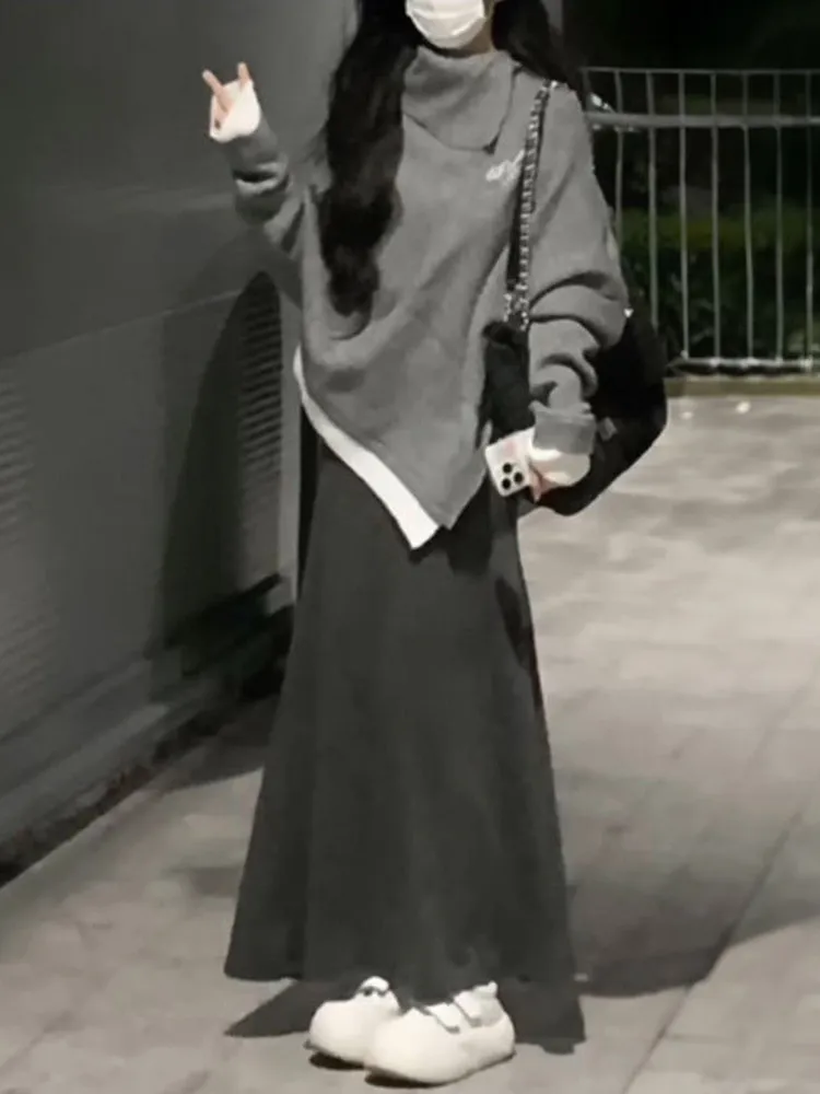 

Женский вязаный комплект из свитера с высоким воротником и асимметричной юбки-рыбки, осенне-зимняя мода, нежный стиль